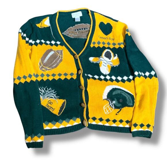 Vintage 90s Green Bay Packers Football Oversized Knit Cardigan Sweater Small - Picture 10 of 11